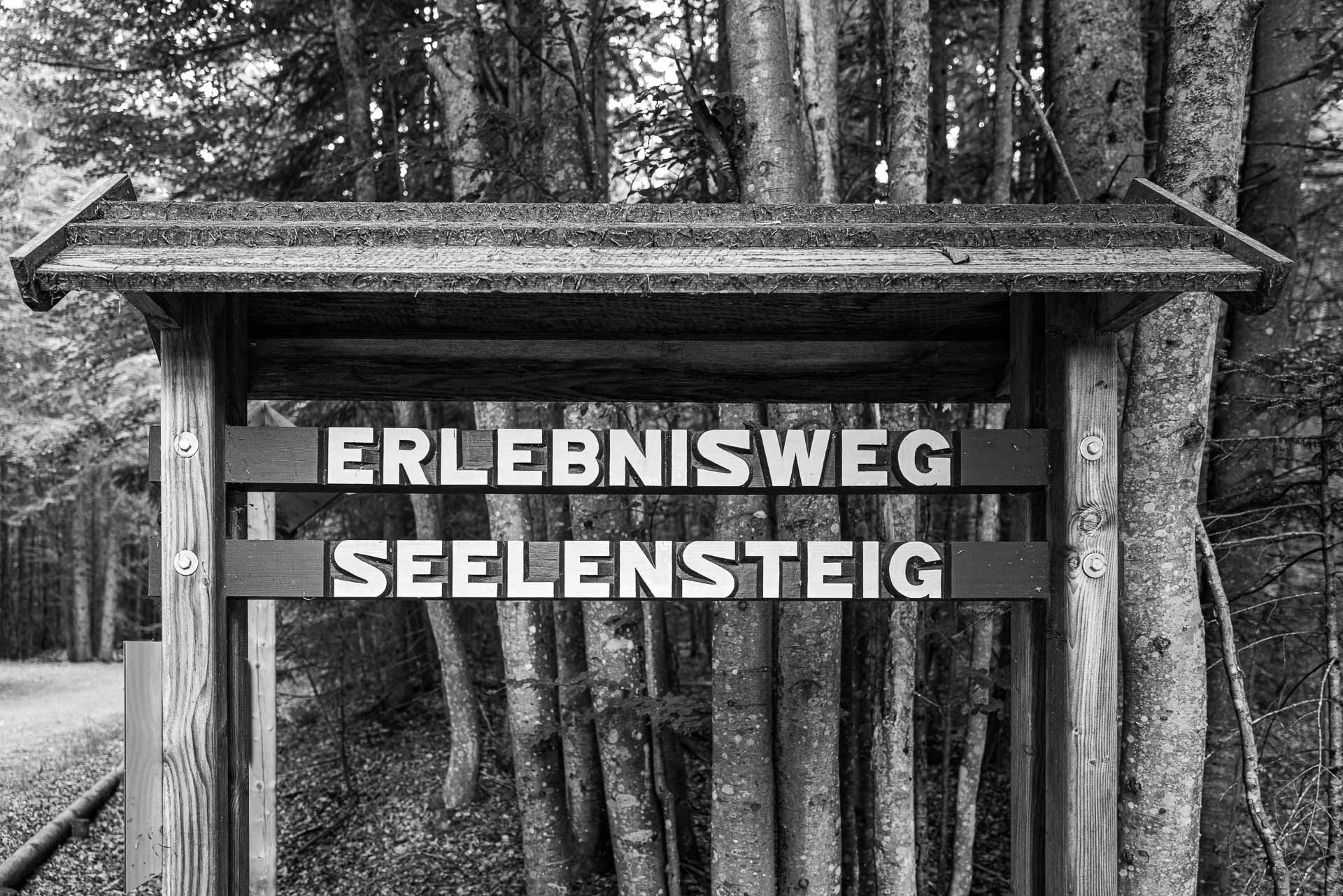 Infotafel mit der Inschrift "Erlebnisweg Seelensteig"