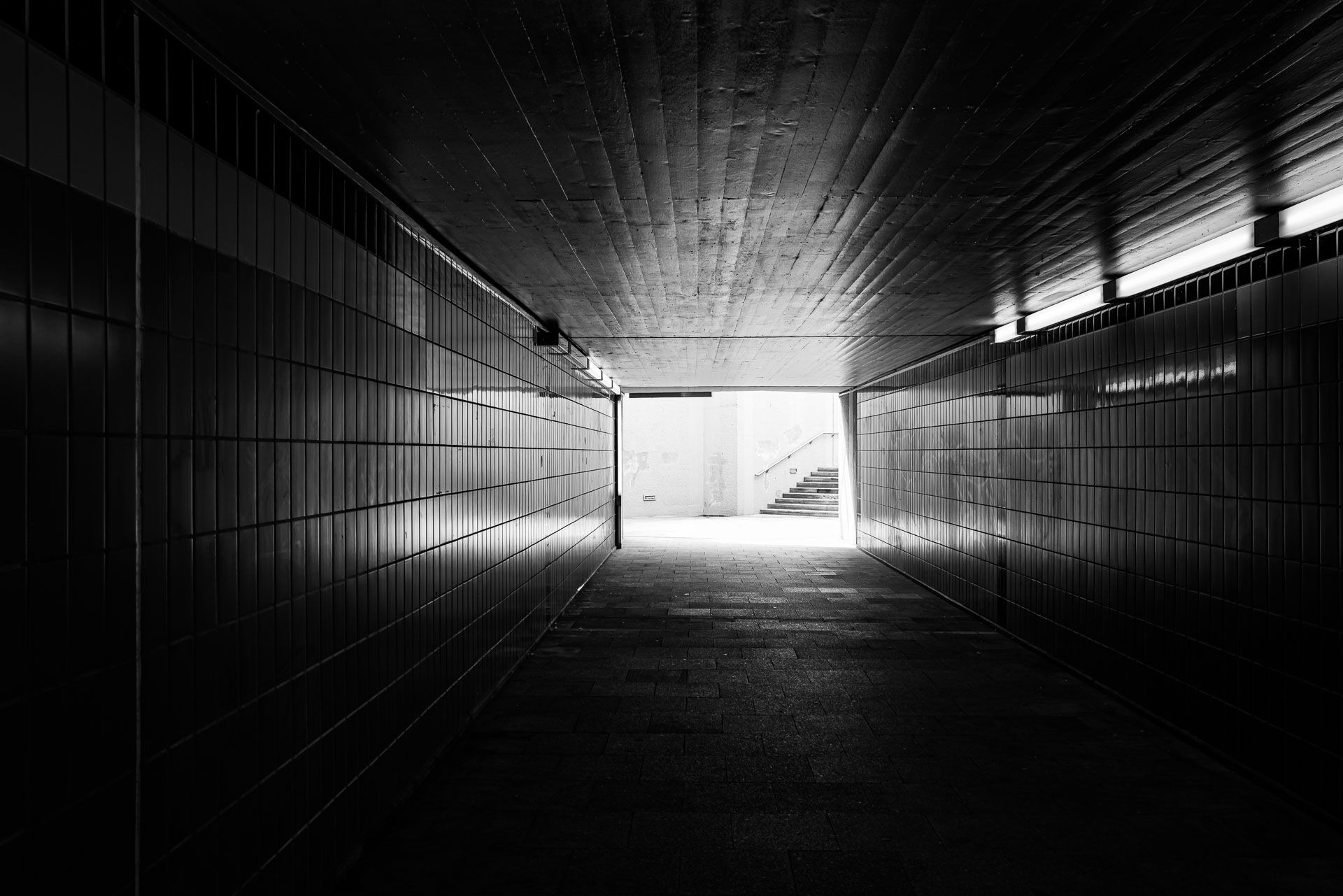 hauptsächlich das Tageslicht erhellt diese menschenleere Unterführung